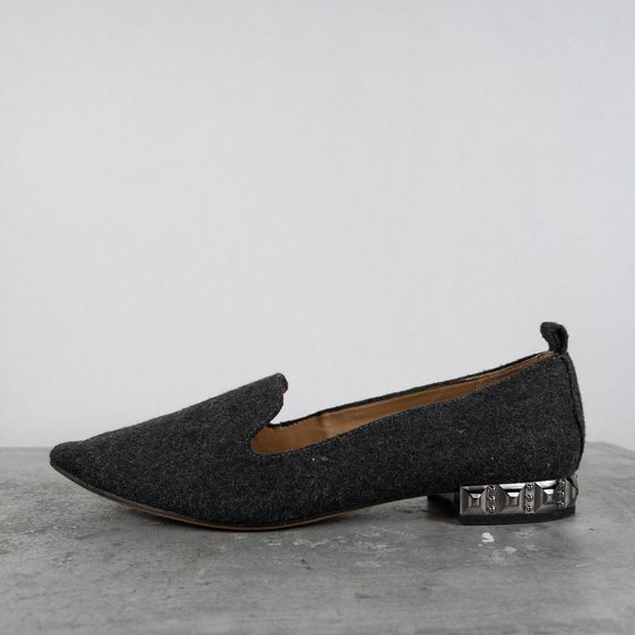 Franco Sarto Shoes - Franco Sarto Grey Brushed Felt Flats Silver Heel 8 Loafer Embellished Bedazzled